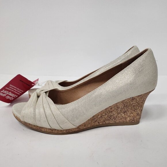 Dex Flex Comfort Women Wedges Sz 9.5 Peep Toe Glittery Metallic Canvas Shoes NEW - Picture 1 of 13